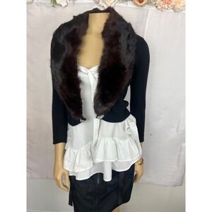 Vintage Black Cardigan Faux Fur Collar Rhinestone Button Orlon Acrylic WPL 10664